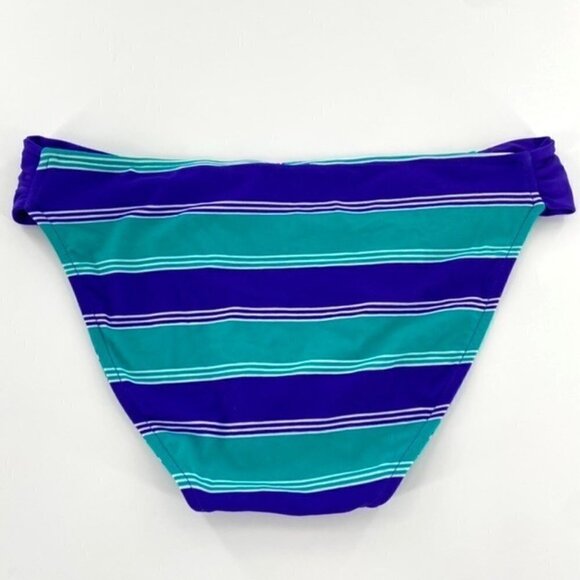 NWT Reversible Swimsuit Bikini Bottoms Juniors Sz Large Blue Teal Strip Ruched - Picture 2 of 10
